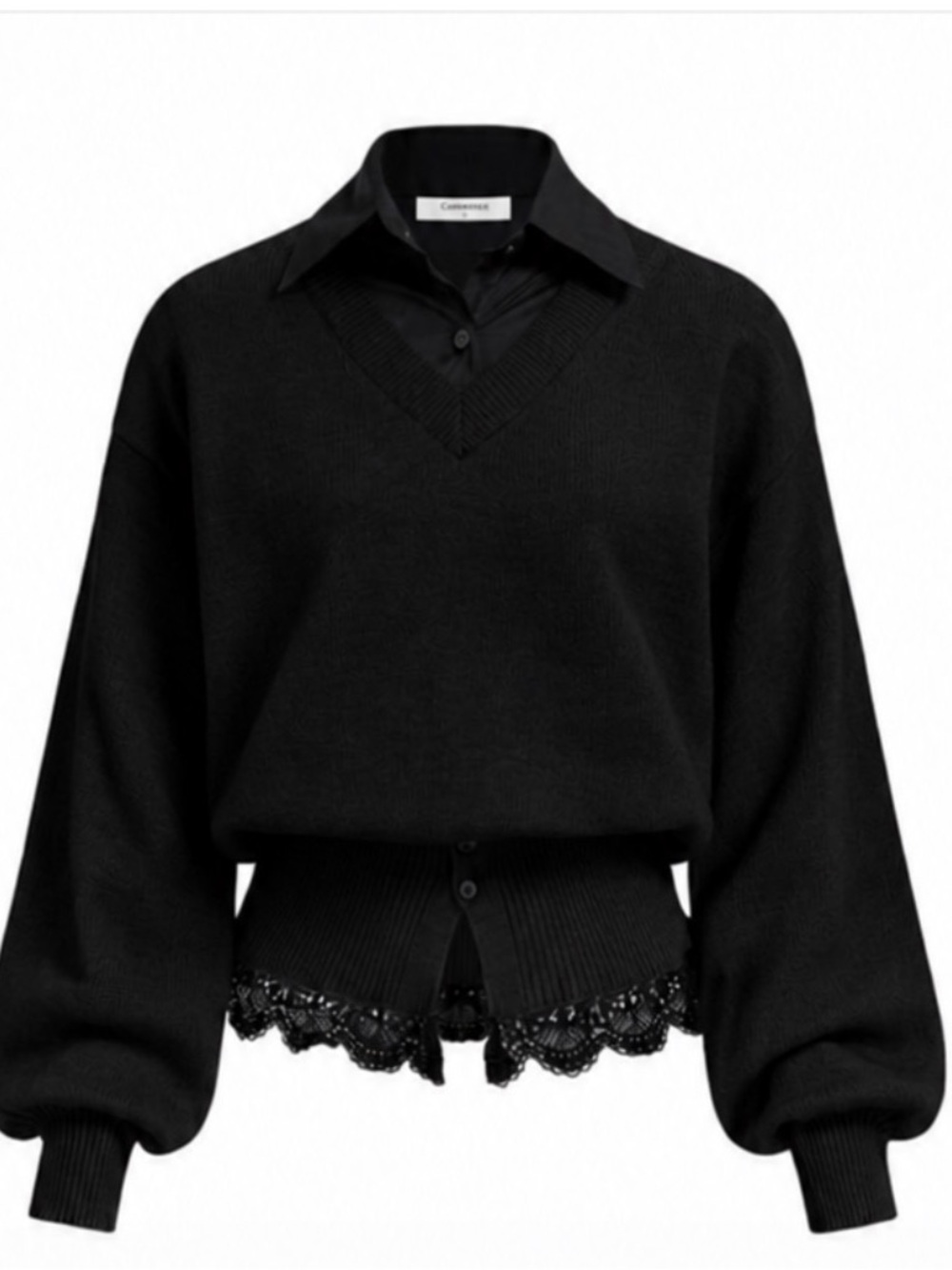 Commense Black Contrast Collar V-Neck Lace-Hem Pullover LARGE NWT